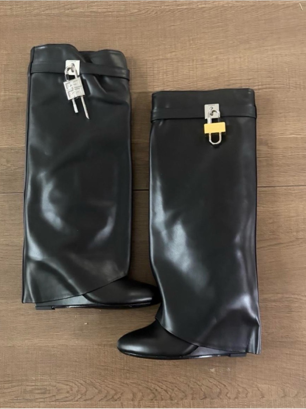 Black Leather Tall boots with Silver Padlock Detail